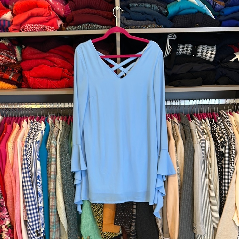Love Riche blue v neck ruffled long sleeve dress size S